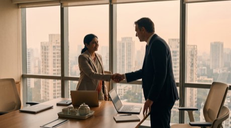 Two people in a glass meeting room