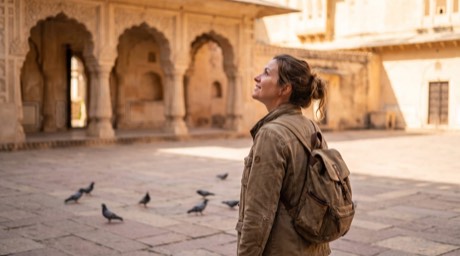 Traveller at a sunlit fort wall